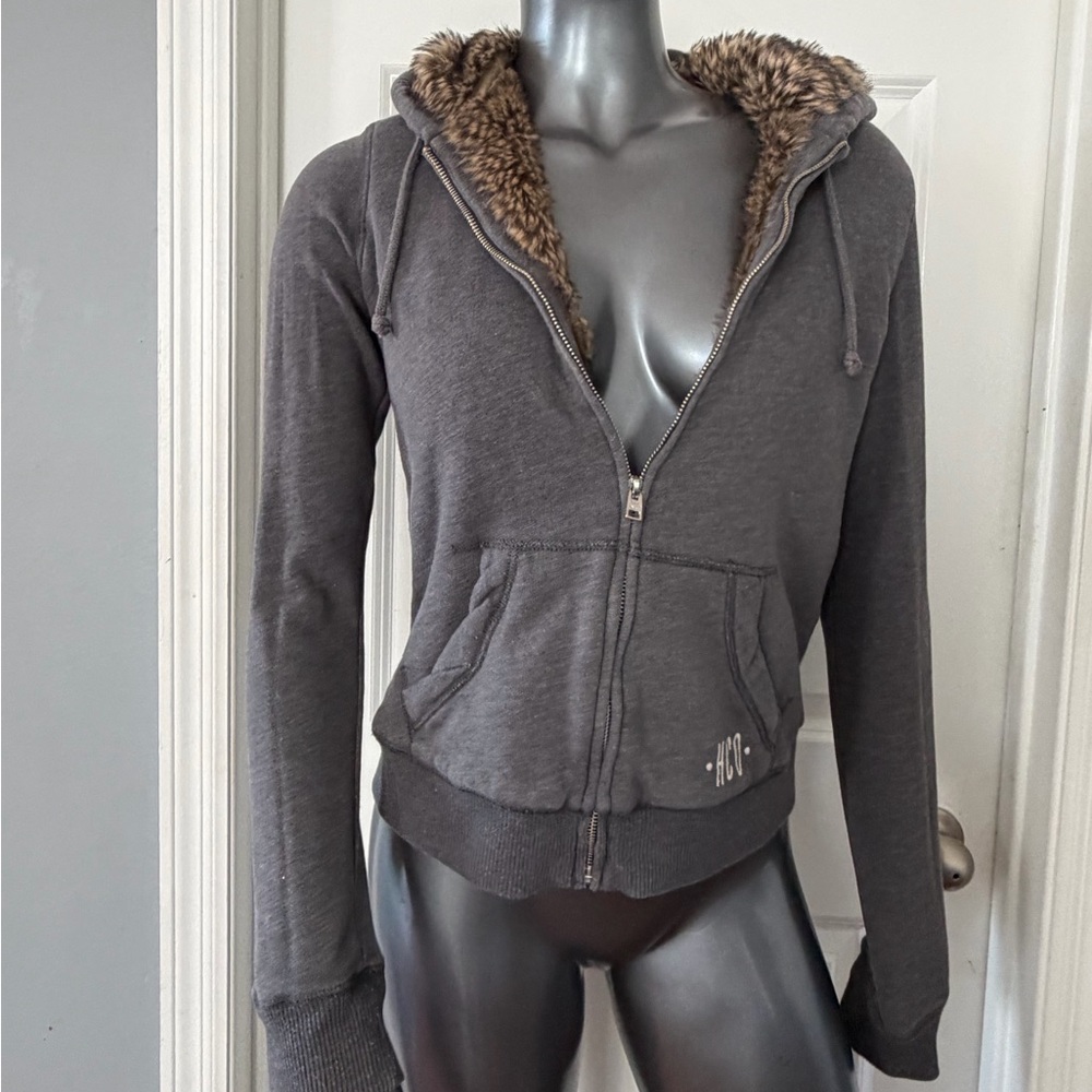 HOLLISTER Gray Zip-Up Hoodie with Faux-Fur Hood Lining